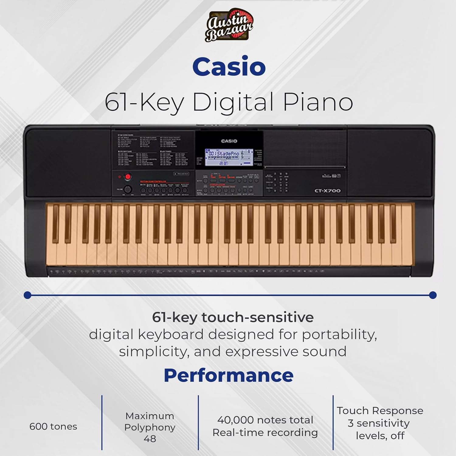 Casio CT-X700 Portable Keyboard Bundle with Adjustable Stand, Bench, Headphones, Sustain Pedal, Power Supply, Instructional DVD, and Austin Bazaar Polishing Cloth