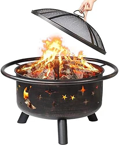 Outdoor Fire Pit & Bowls w/Spark Screen & Cooking Grid, Large Wrought Iron Wood Burning Firepits, Courtyard Bonfire Heating Brazier, BBQ Grill Firepit