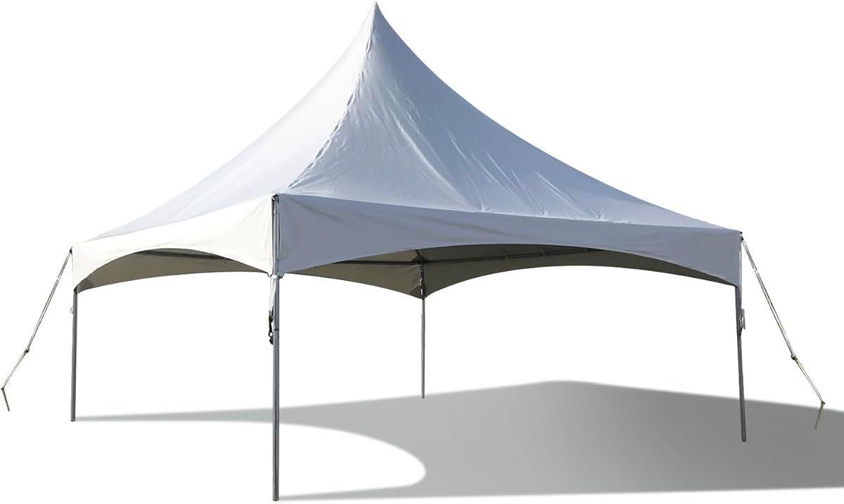 Party Tents Direct 20’ x 20’ Weekender High Peak Frame Canopy Tent, Indoor and Outdoor Heavy Duty, 80 Person Capacity for Parties, Weddings, and Events, Commercial and Residential Use, PVC White Top