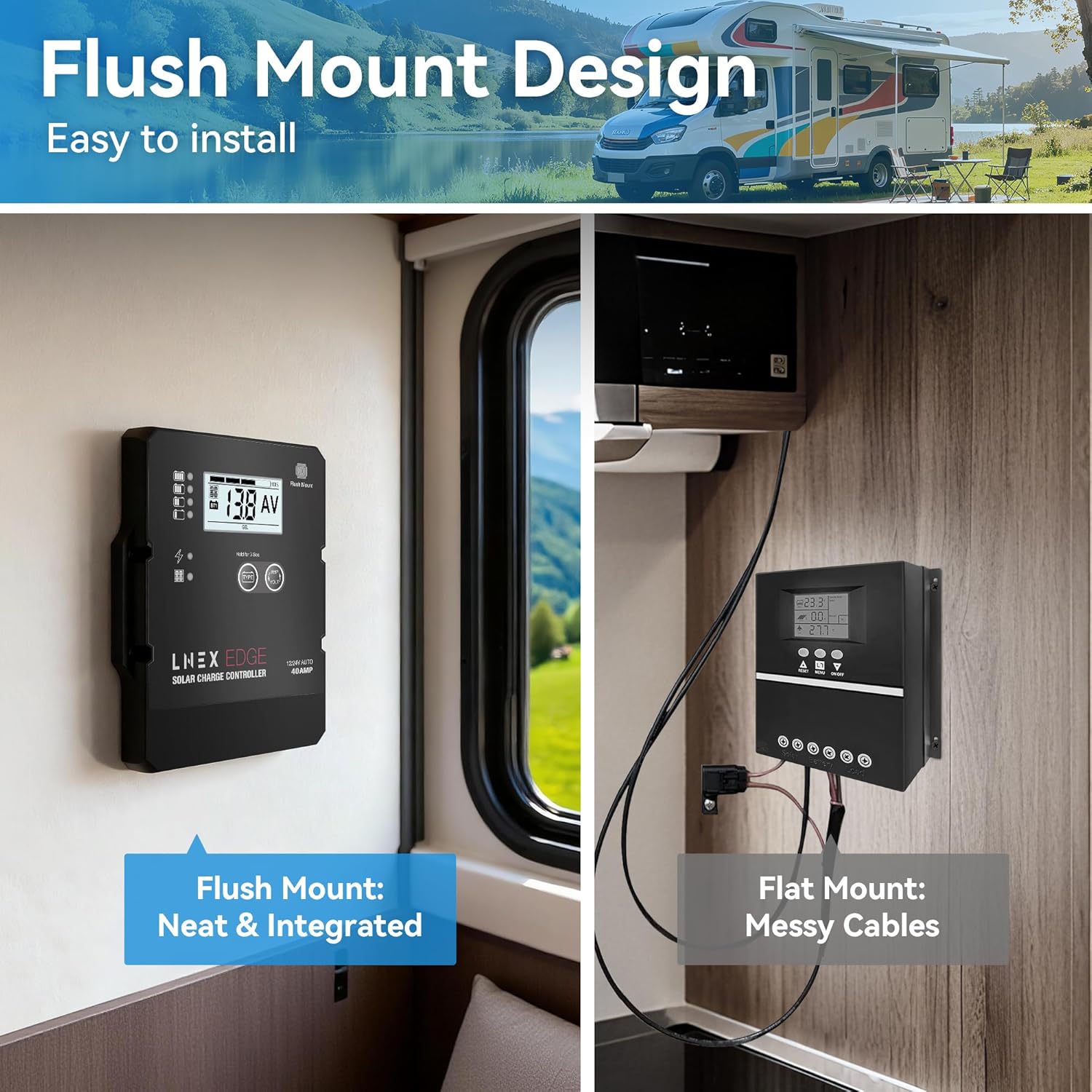 Solar Charge Controller with Flush Mount Design, 6 Stage Charging with LCD Display 12V/24V Auto PWM Controller 40A for LiFePO4, AGM, Gel, Flooded and Lithium Battery