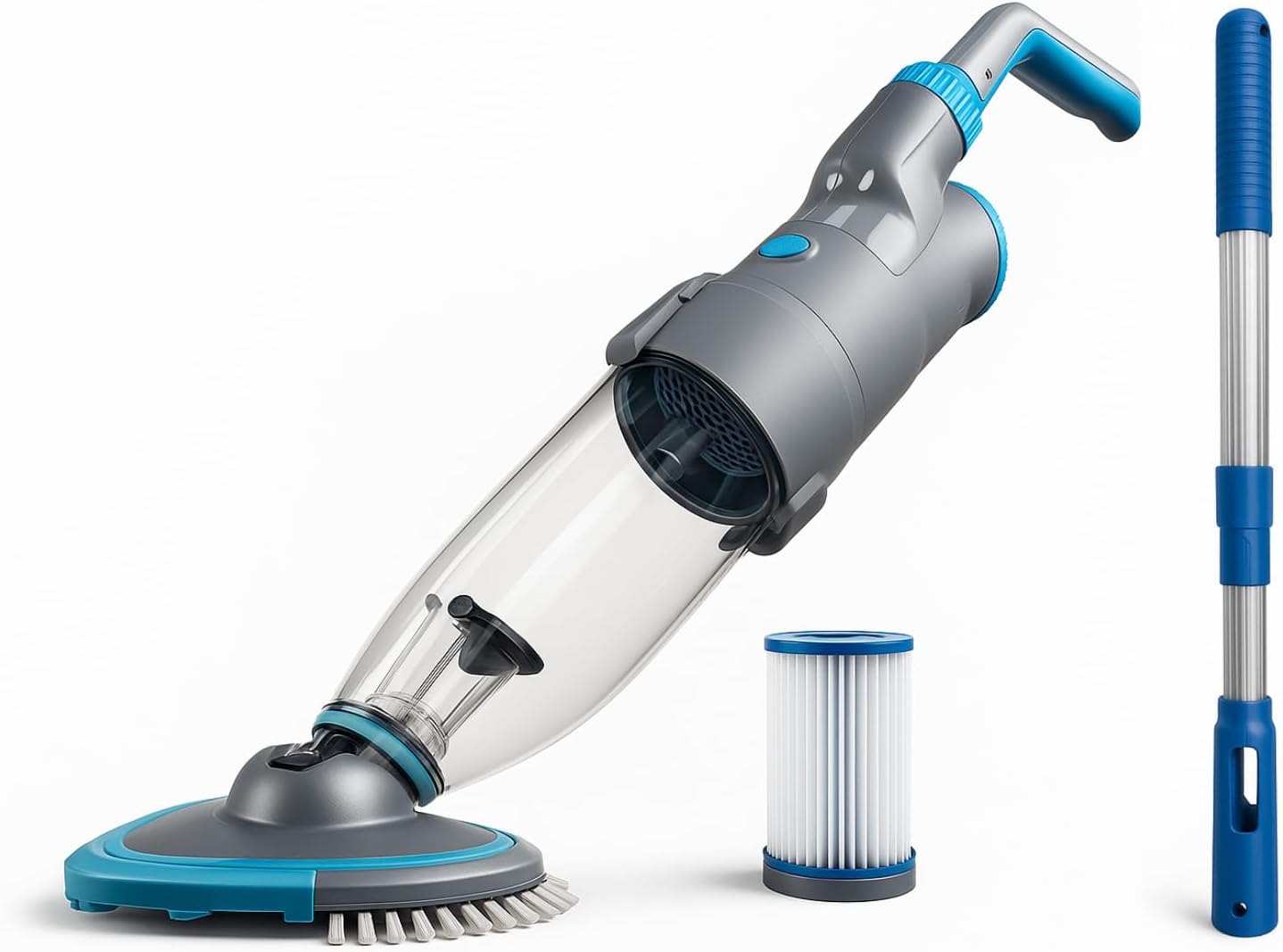 Cordless Handheld Pool Vacuum (Pole Included), Rechargeable Pool Cleaner with 2-Speed Cleaning Mode, 19GPM Suction, Dual Filter System, Perfect for Above/In-Ground Pools, Spas, Hot Tubs