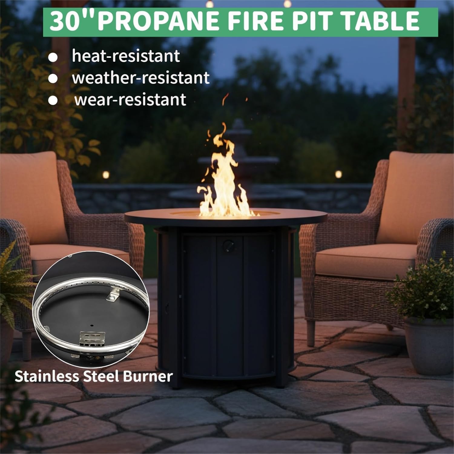 30 Inch Outdoor Propane Fire Pit Table,50000 BTU Steel Gas Firepit with with Wood-Grain Ceramic Tabletop & Lava Rocks, Waterproof Cover,Portable Round Patio Heater for Deck Garden Backyard