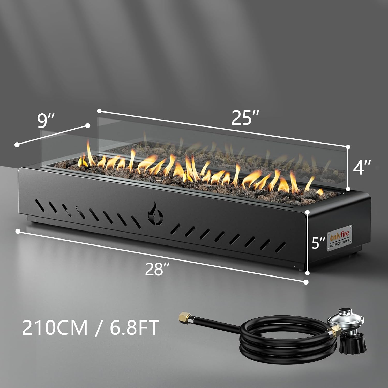ONLYFIRE OUTDOOR LIVING Propane Gas Fire Pit Side-Mounted with Glass Wind Guard & Lava Rocks, Portable Smokeless Gas Firepit for Patio Backyard Bonfire Tailgating RV Trip, 28