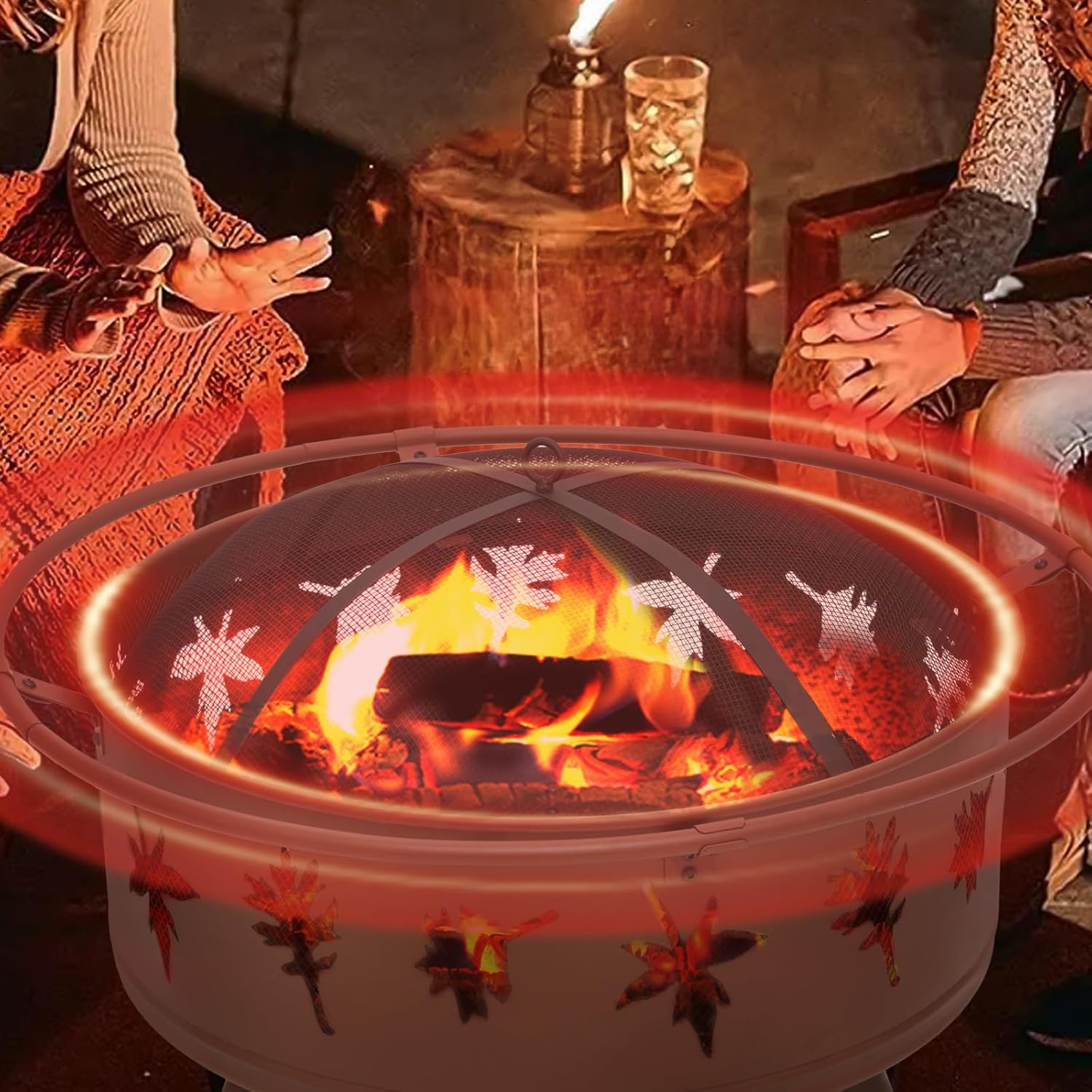 32 Inch Outdoor Fire Pit, 2 in 1 Metal Round Wood Burning Fire Pit, Maple Leaf Cutout Large Fireplace Firepits for Outside Patio Backyard Bonfire BBQ with Spark Screen, Poker, Grate, Gold