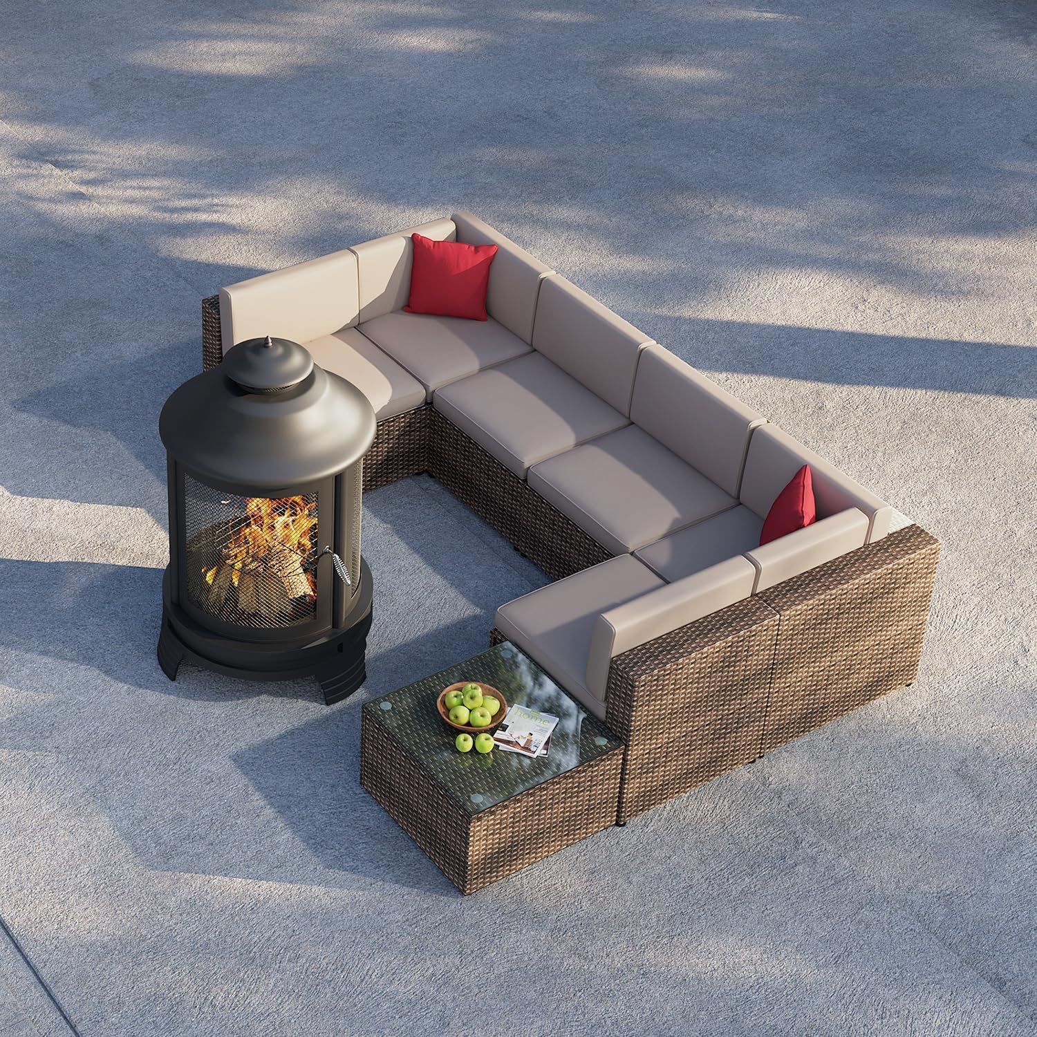 oneinmil 8-Piece Outdoor Furniture Set, with Large Fire Pit Chiminea, 2 in 1 Fire Pit for Outdoor, Wicker Rattan Sectional Conversation Set, and Coffee Table