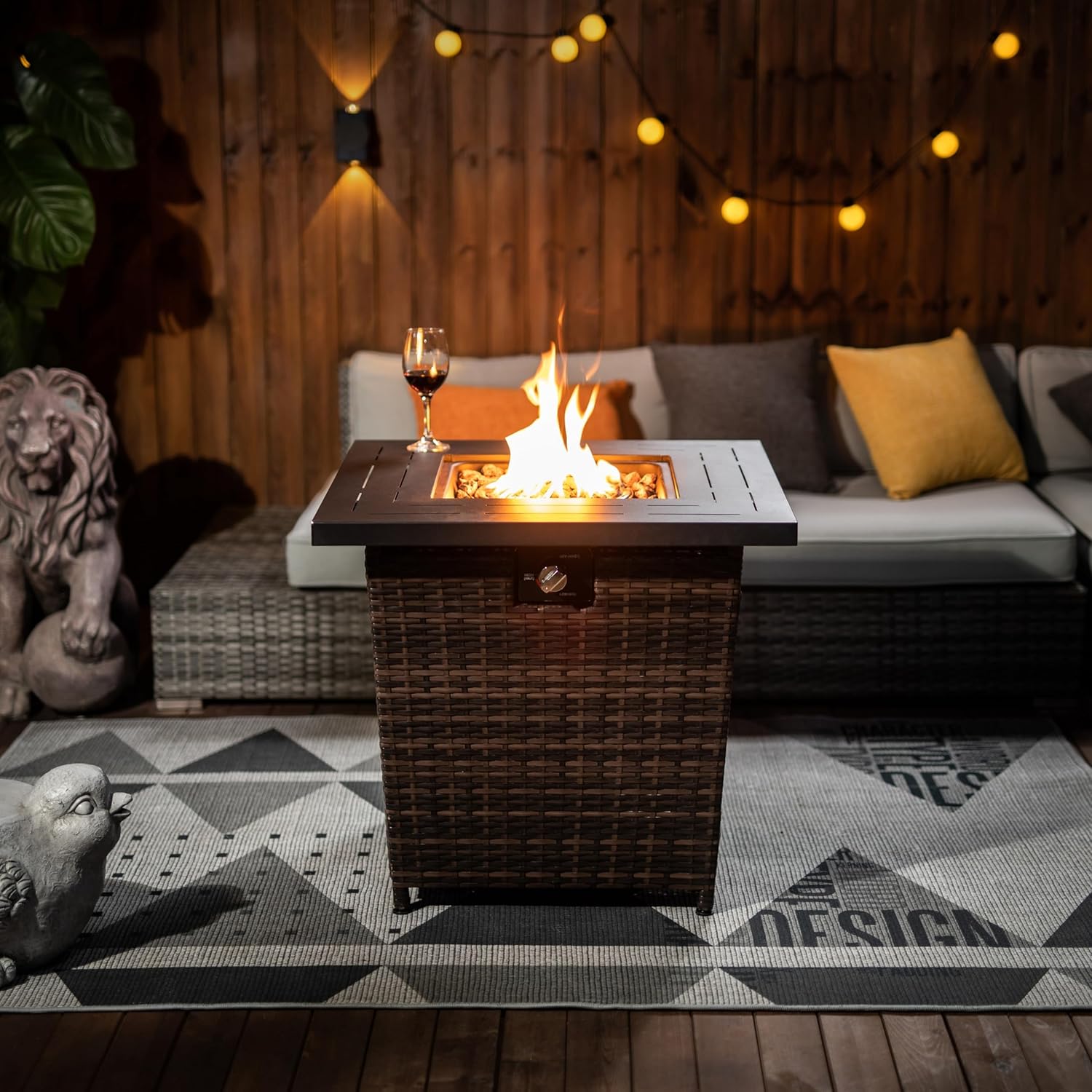 28inch Wicker Square Fire Pit Table Outdoor Brown Steel