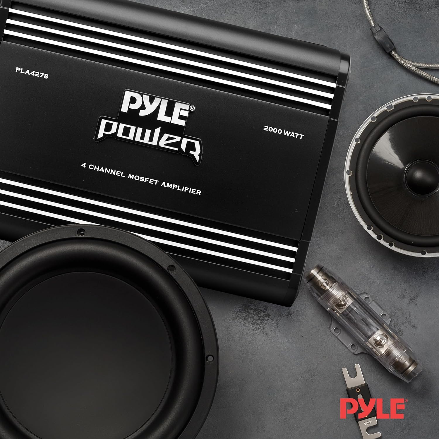 Pyle 2000W 4-Channel Car Stereo Amplifier - Bridgeable MOSFET Power - Bass Boost Control - Crossover - Silver-Plated RCA Inputs/Outputs - Thermal & Short Circuit Protection - Compact Design - PLA4278