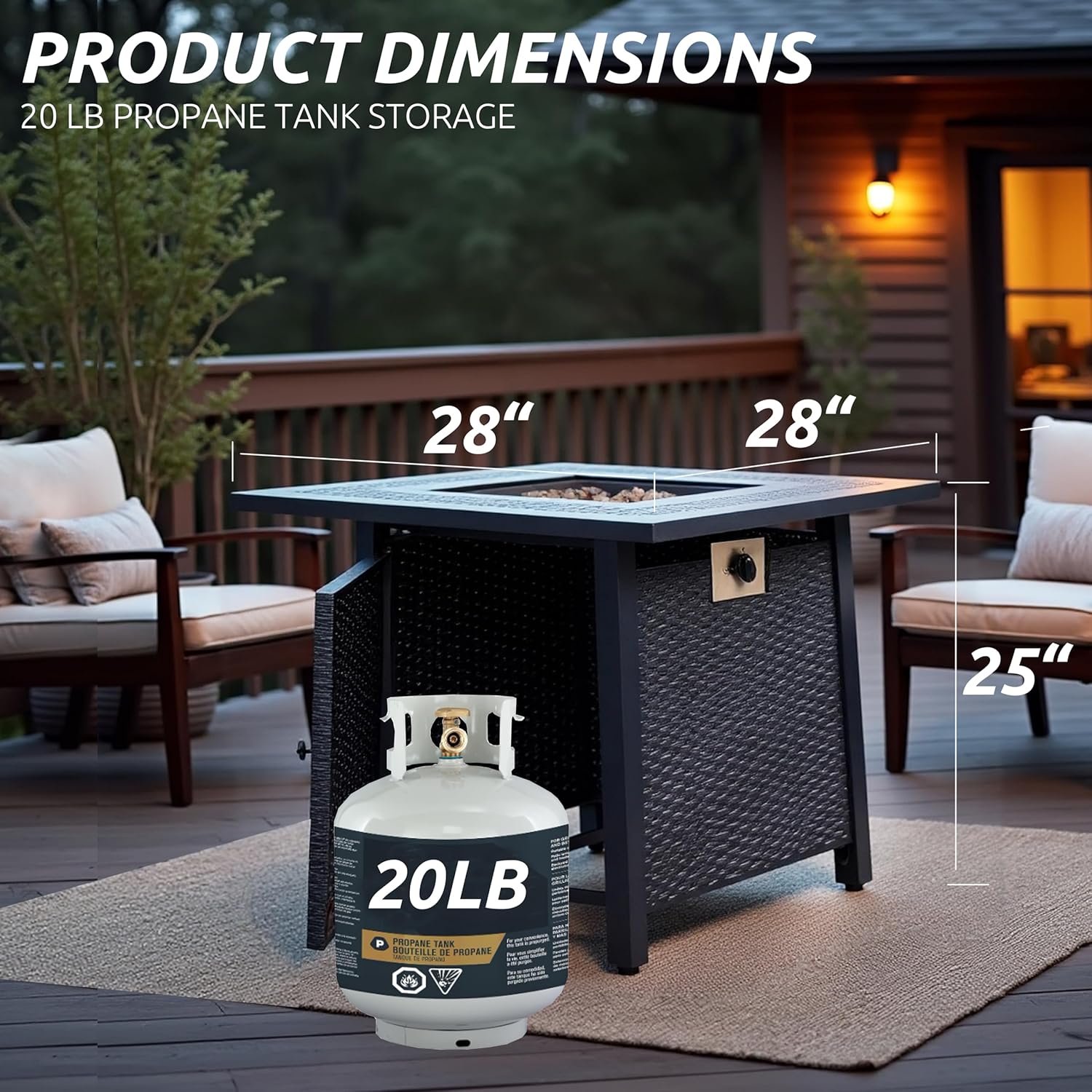 Propane Fire Pit Table,Out Door Fire Pits & Fireplaces,Gas Fire Pit with Lid and Lava Rock.Square Black Fire Pit Table on Patio Deck & Garden Backyard. (Raven‌ Black, 28-inch)