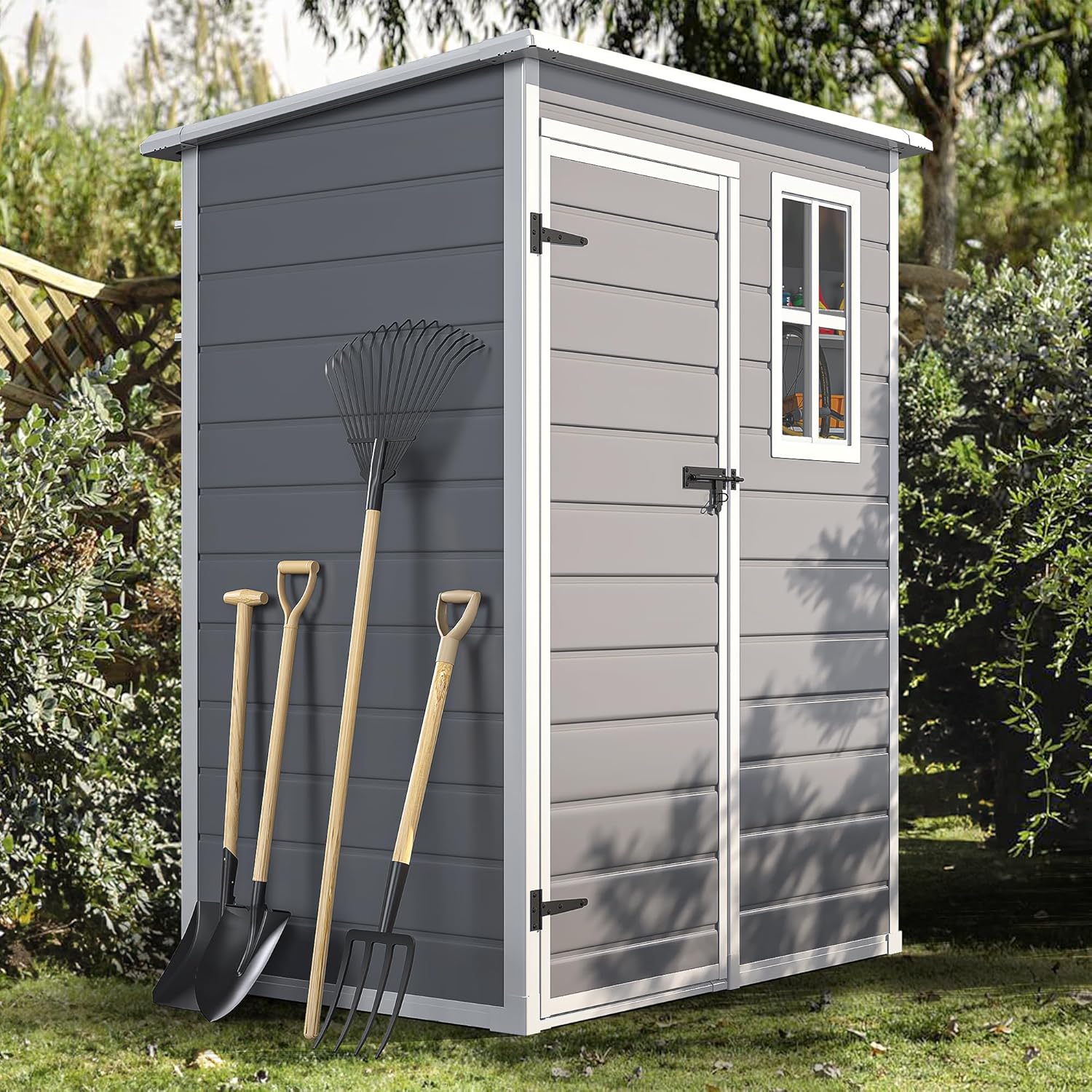 DWVO 5x3 FT Outdoor Storage Shed with Reinforced Floor, All-Weather Resin Storage Shed with Lockable Door & Window, Waterproof Plastic Tool Storage for Garden, Backyard, Patio, Lawn