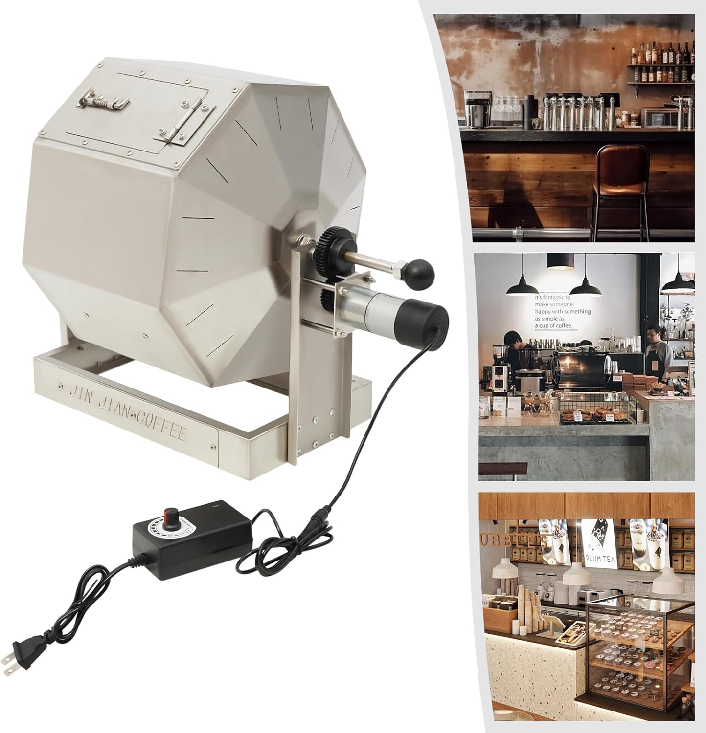 14W Commercial Coffee Bean Roaster, DC12V 14.5L Automatic Rotating Drum Roaster Adjustable Speed Stainless Steel Roasting Machine for Home Coffee Shops Restaurants