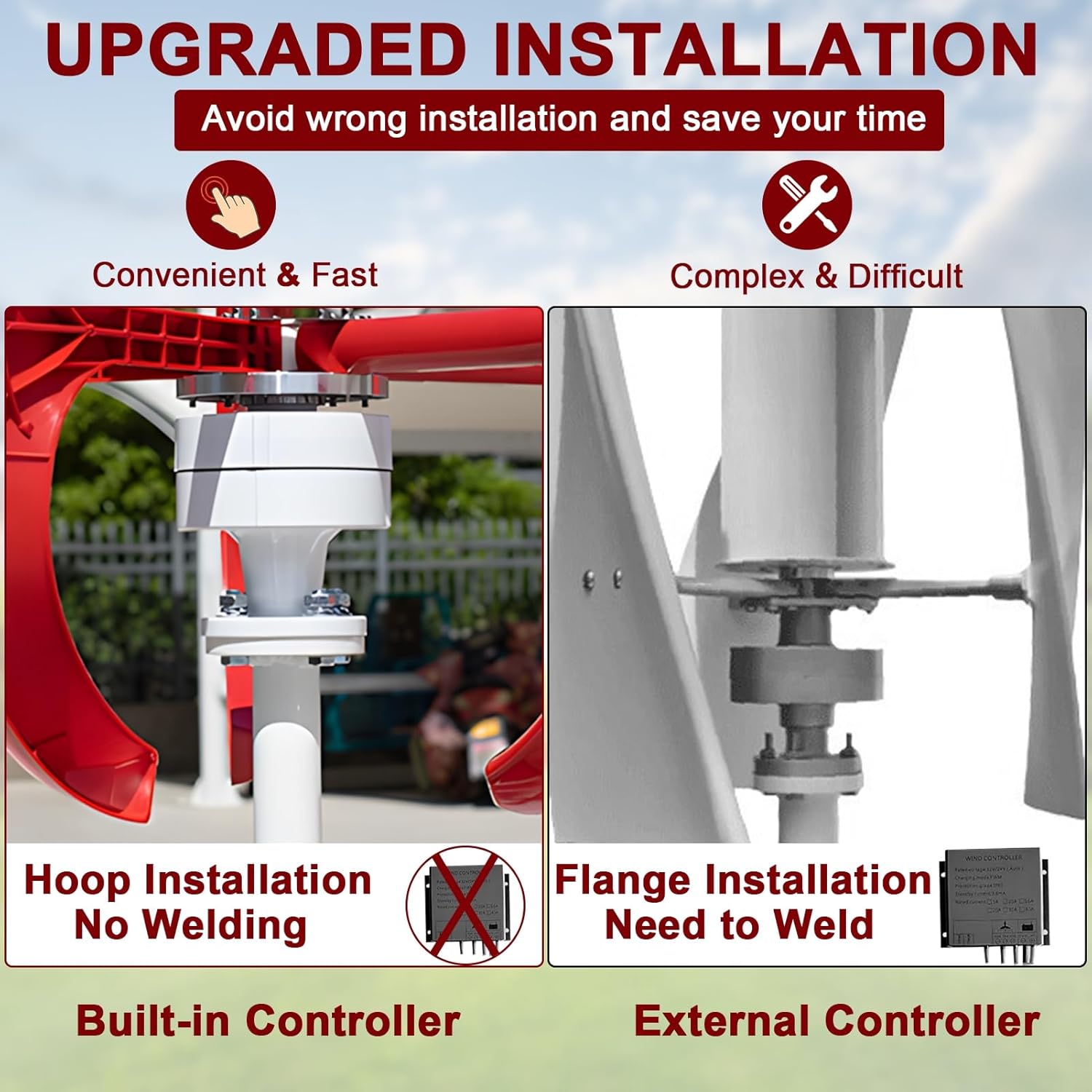 Portable Wind Turbines 1000W 12V/24V Wind Turbines Generator, 5-Blade Auto Adjust Wind Vertical Generator Kit,generador eolico para casa,for Motor Home, Chalet, Boat, Terrace Red