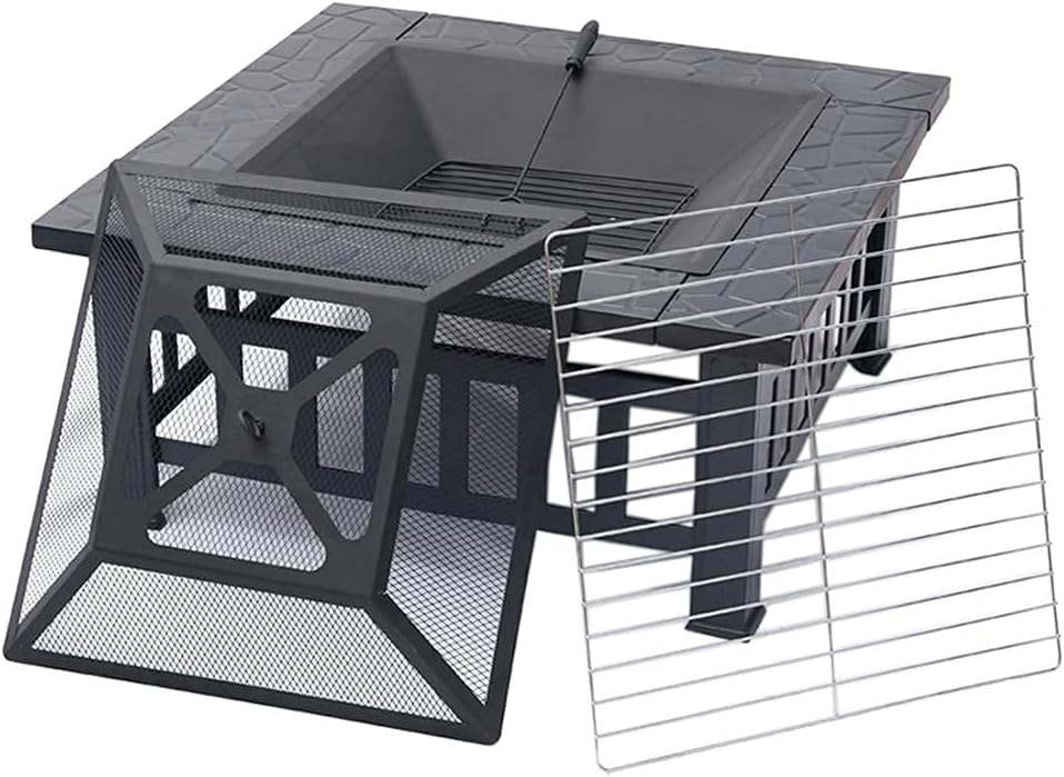 3 in 1 Outdoor Party BBQ Fire Pit with Grill Shelf for Garden Patio, Outdoor Metal Brazier Square Table Heater//Ice Pit Grill Barbecue Rack,