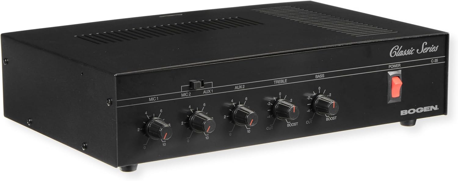 Bogen C35 Classic Series 35W Public Address Mixer/Amplifier, 4 Input Paging System for Commercial Audio, Treble and Bass Controls, Thermal and Electronic Protection