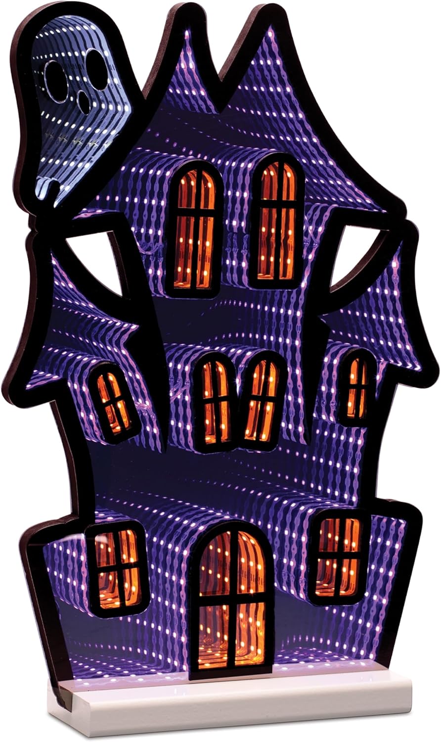 Melrose Haunted House with Ghost Ekkolight Infinity Light, 16-Inch, Purple, Acrylic Halloween Decor