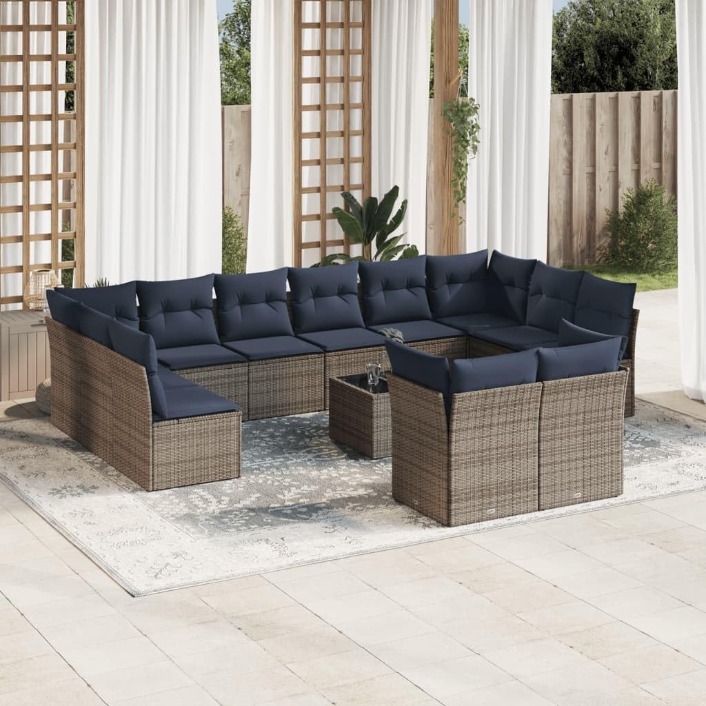 13 Piece Patio Sofa Set with Cushions, Gray Poly Rattan Outdoor Furniture, Modular Design with Tempered Glass Tabletop for Garden, Balcony