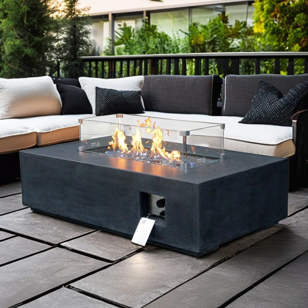 52 Inch Propane Gas Fire Pit Table 65000 BTU Outdoor Concrete Rectangular Fire Pit Fast Ignition Adjustable for Deck and Patio