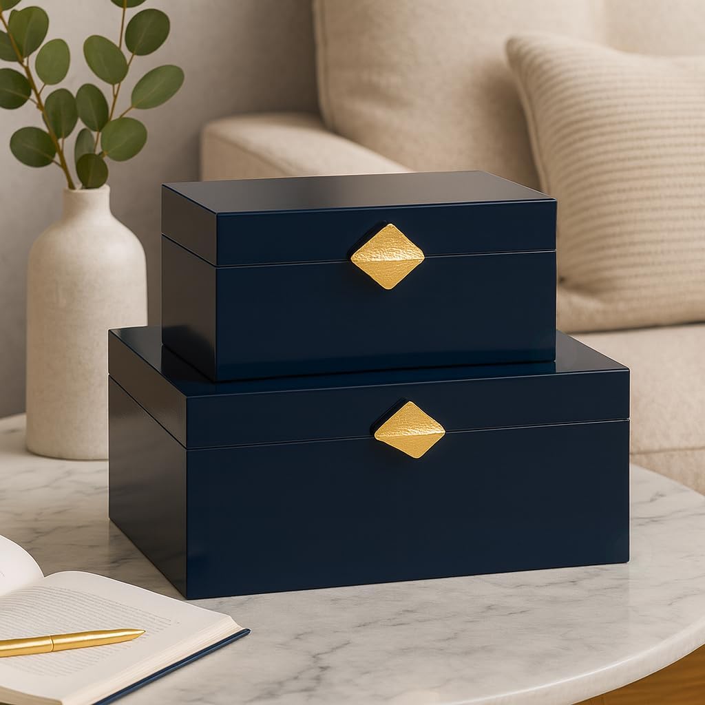 Vintiquewise Set of 2 Decorative Wooden Storage Boxes with Gold Accent – Boxes for Keys, Jewelry, Makeup, Accessories, Crafts, Gadgets, Home Office, Living Room, Bedroom & Entryway Décor, Blue