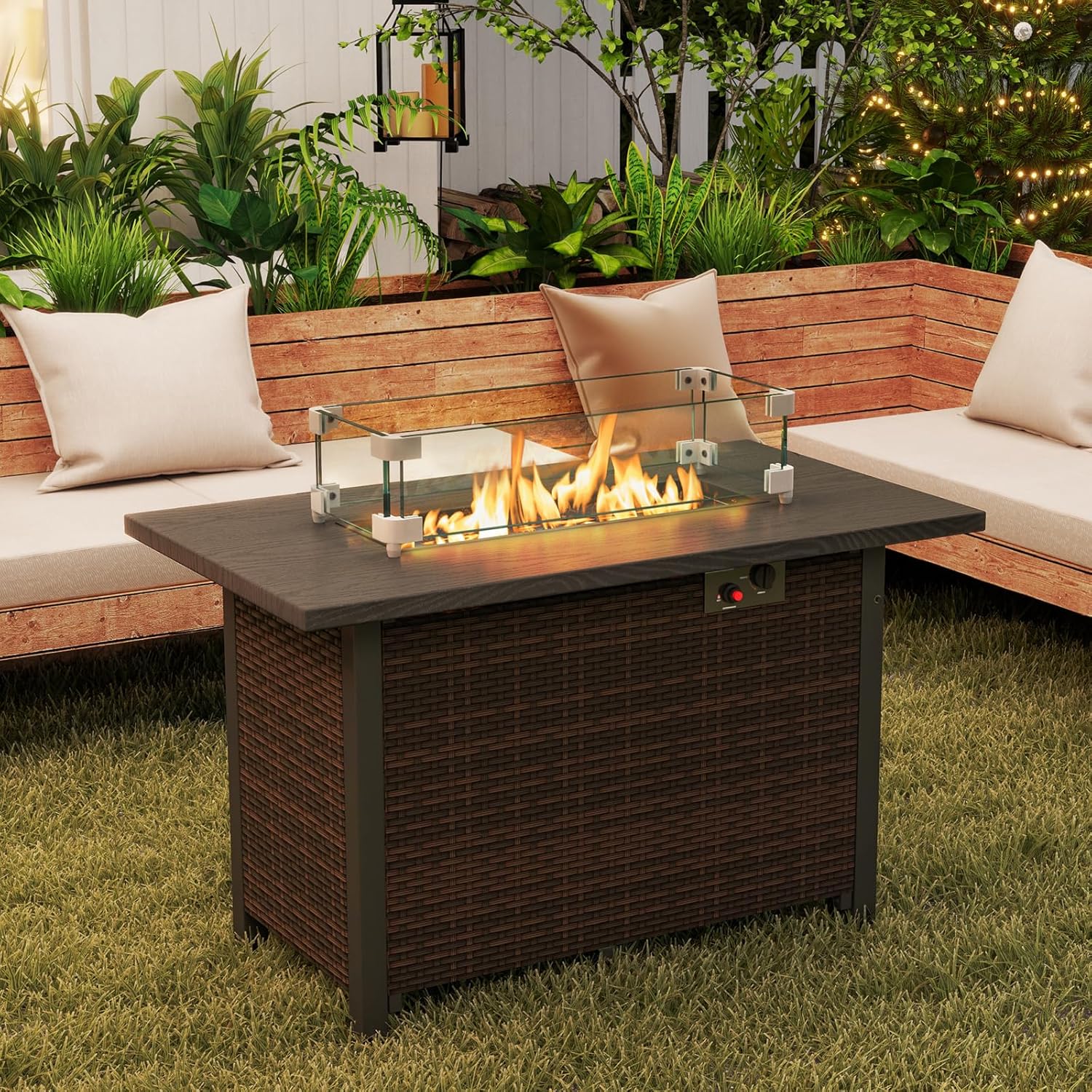 Tangkula Outdoor Propane Fire Pit Table, 42 Inch Rectangular Rattan Fire Table with Wind Guard & Glass Rocks, 50,000 BTU Smokeless Gas Fire Pit for Outside Patio (Brown)