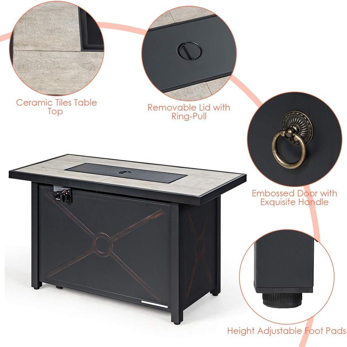 Moccha 60000 BTU Fire Pit Table, Ceramic Tabletop, Rectangular Gas Fire Pit with Door and Table Cover for Outdoor Courtyard Balcony Garden, Emboss Patio Propane Heater