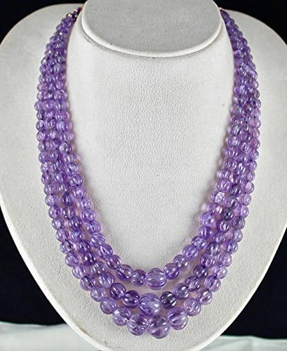 3 Line Natural Purple Amethyst Carved Melon Beads Necklace 15 INCHES 14 MM to 5 MM