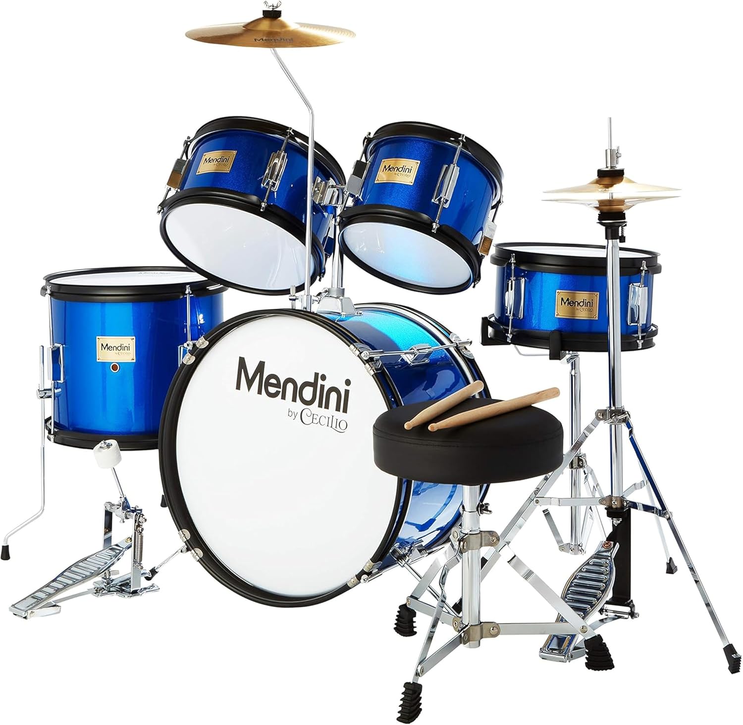 Mendini by Cecilio Drum Set, 5 Piece 16 Inch Junior Drums Kit with Bass, Toms, Snare Drum, Cymbal, Hi-Hat, Drumsticks & Seat for Beginner Student (Metallic Blue)
