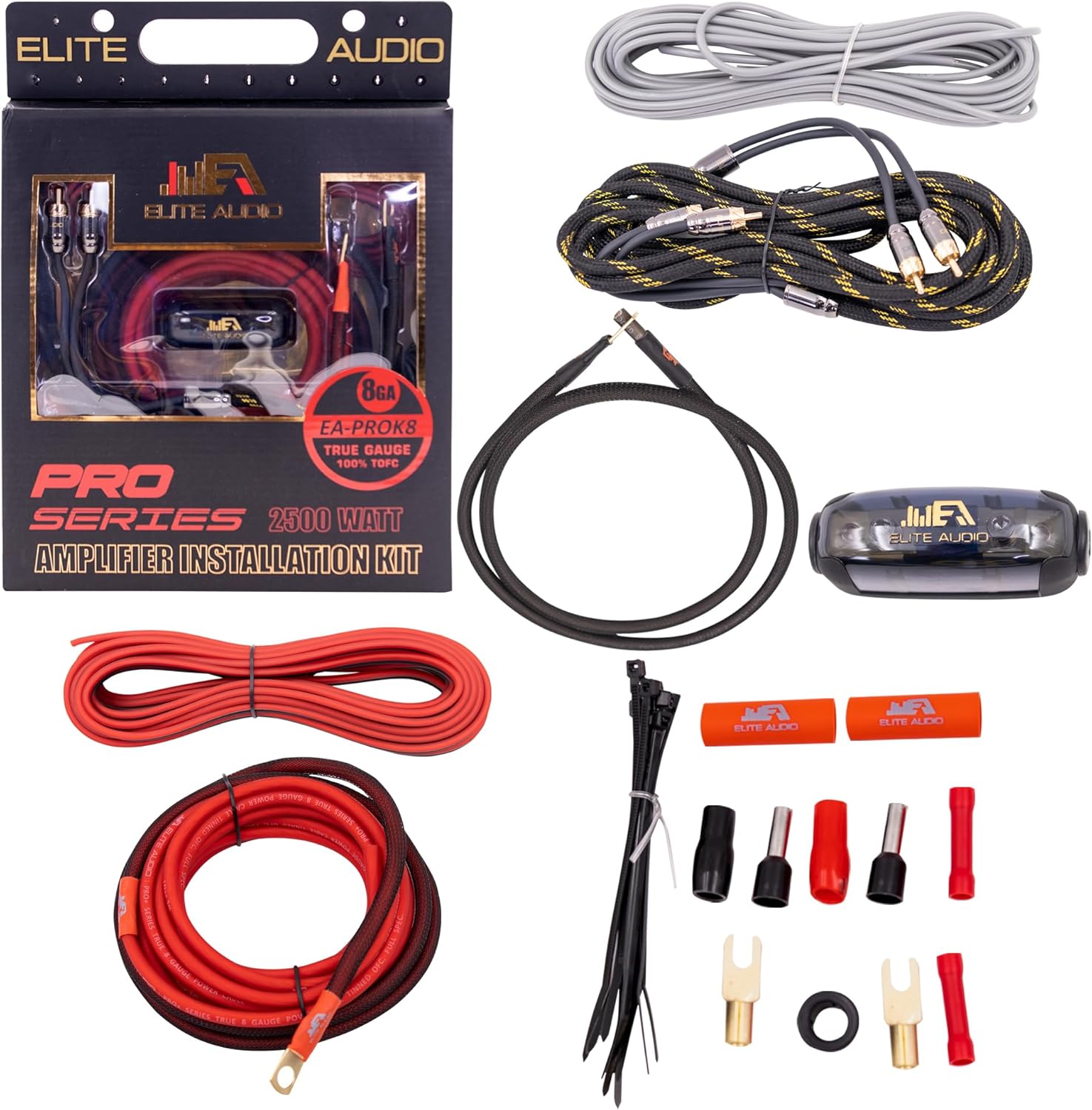 Elite Audio EA-PROK8 Pro Amplifier Wiring Kit - 2500W Max Power, Oxygen Free Copper Cables, Brass ANL Fuse Holder, 8 Gauge