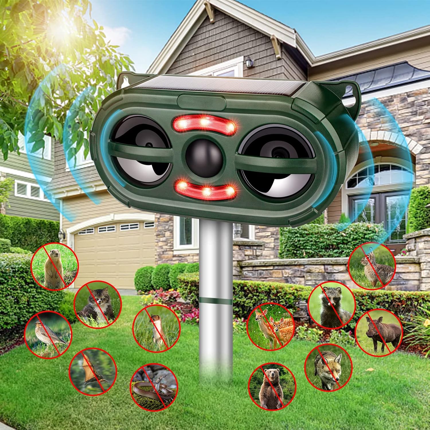 Ultrasonic Animal Repeller,Solar Pest Animal Repellent Outdoor,Squirrel Repellent,Bird Repellent Devices Outdoor,Effective Cat Repellent Outdoor with Motion Sensor & Flashing Light for Yard Garden