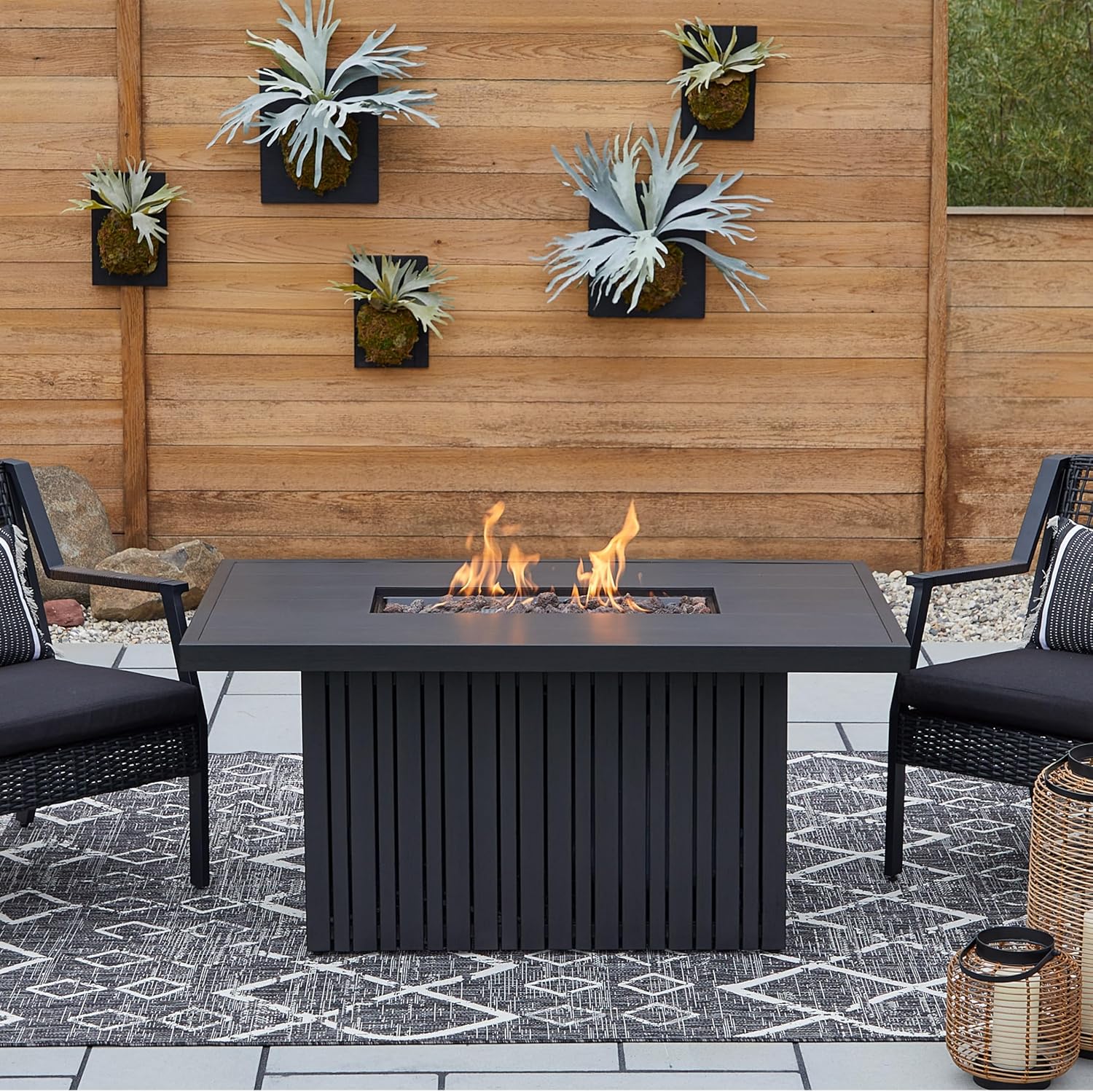 Real Flame Calvin 52in Rectangle Propane Fire Pit Table, 50,000 BTU, Hidden Tank Storage, Aluminum, Push-Button Ignition, CSA Certified, Lava Rock, Storage Cover, Stainless Steel Burner with Lid