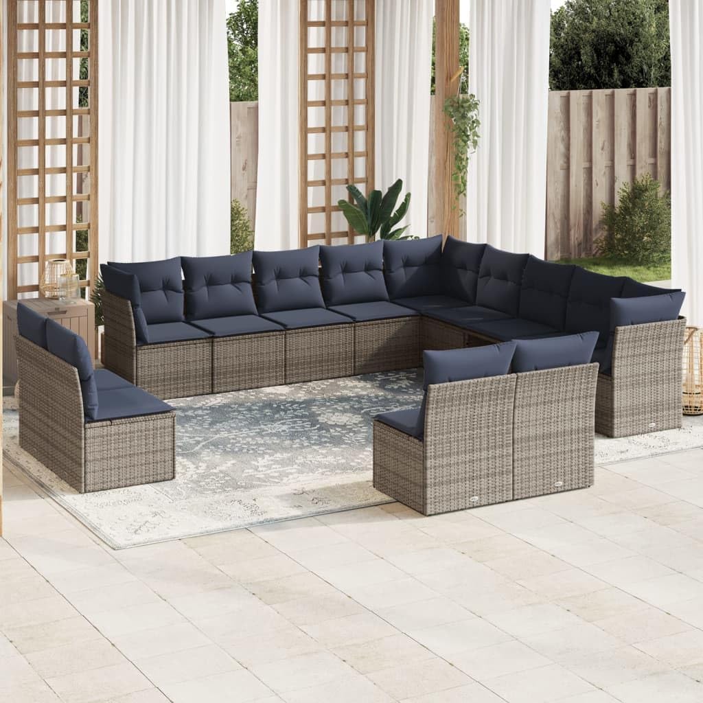 13 Piece Grey Poly Rattan Garden Sofa Set, Modular Outdoor Patio Furniture with Navy Cushions, UV-Resistant Backyard Seating Arrangement