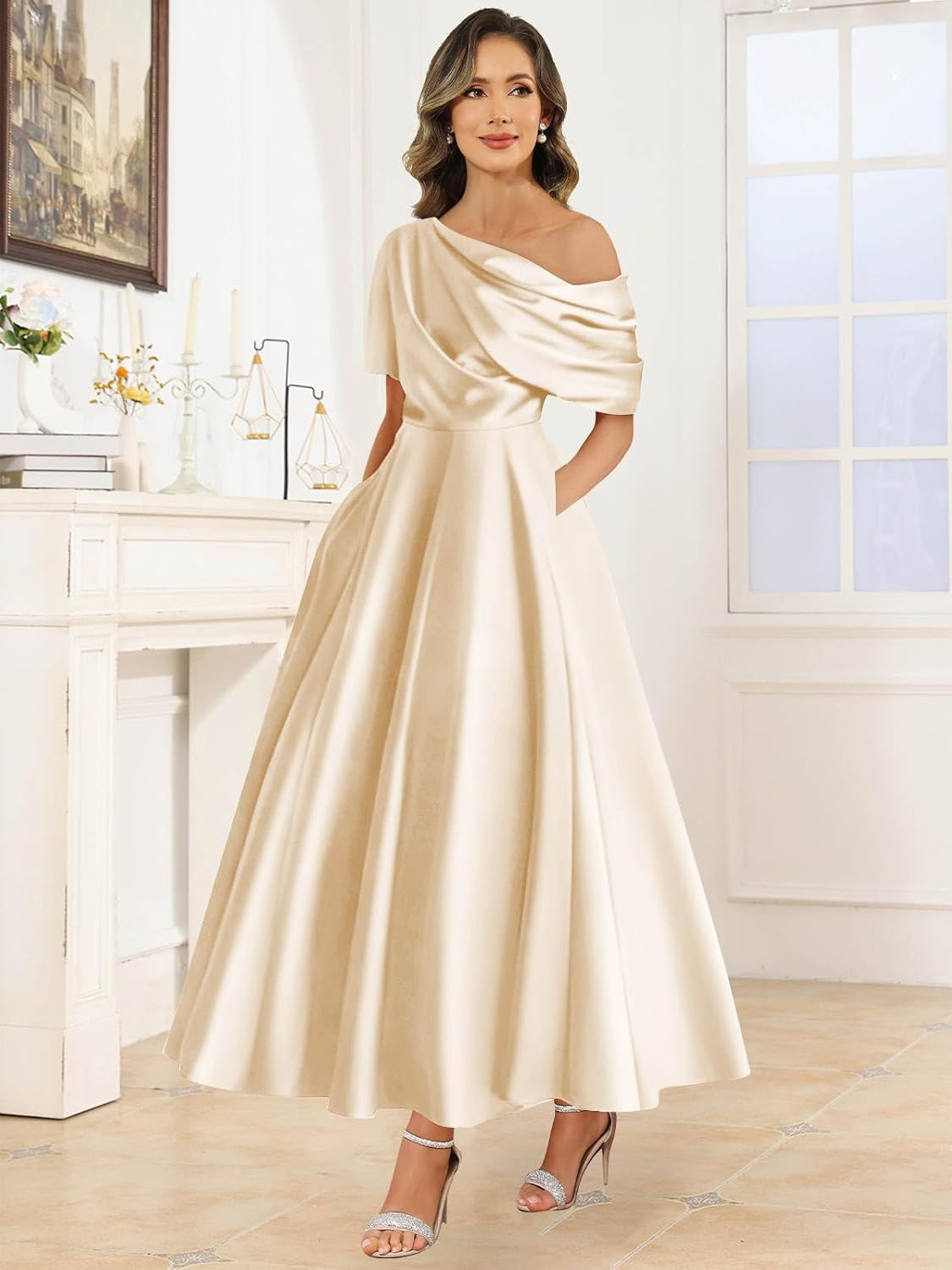 Tea Length Satin Mother of The Bride Dresses for Women One Shoulder Pleated Formal Evening Gown with Pockets
