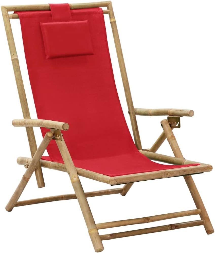 Patio Chair Reclining Relaxing Chair Red Bamboo and Fabric