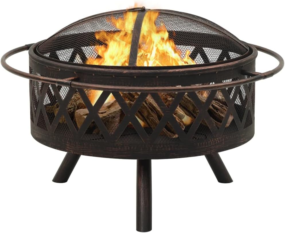 Outdoor Fire Pit Bowl Outdoor Wood Burning Grill, Rustic Fire Pit with Poker 29.9