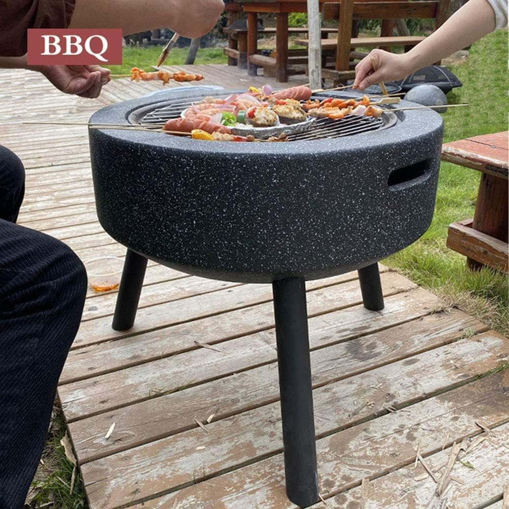 BBQ Grill Outdoor Fire Pit Bowl, Fire Pit with BBQ Grill Shelf Triangle Bracket Magnesium Oxide Material Outdoor Garden Fire Pit with Mesh Cover,Outdoor Fire Pits