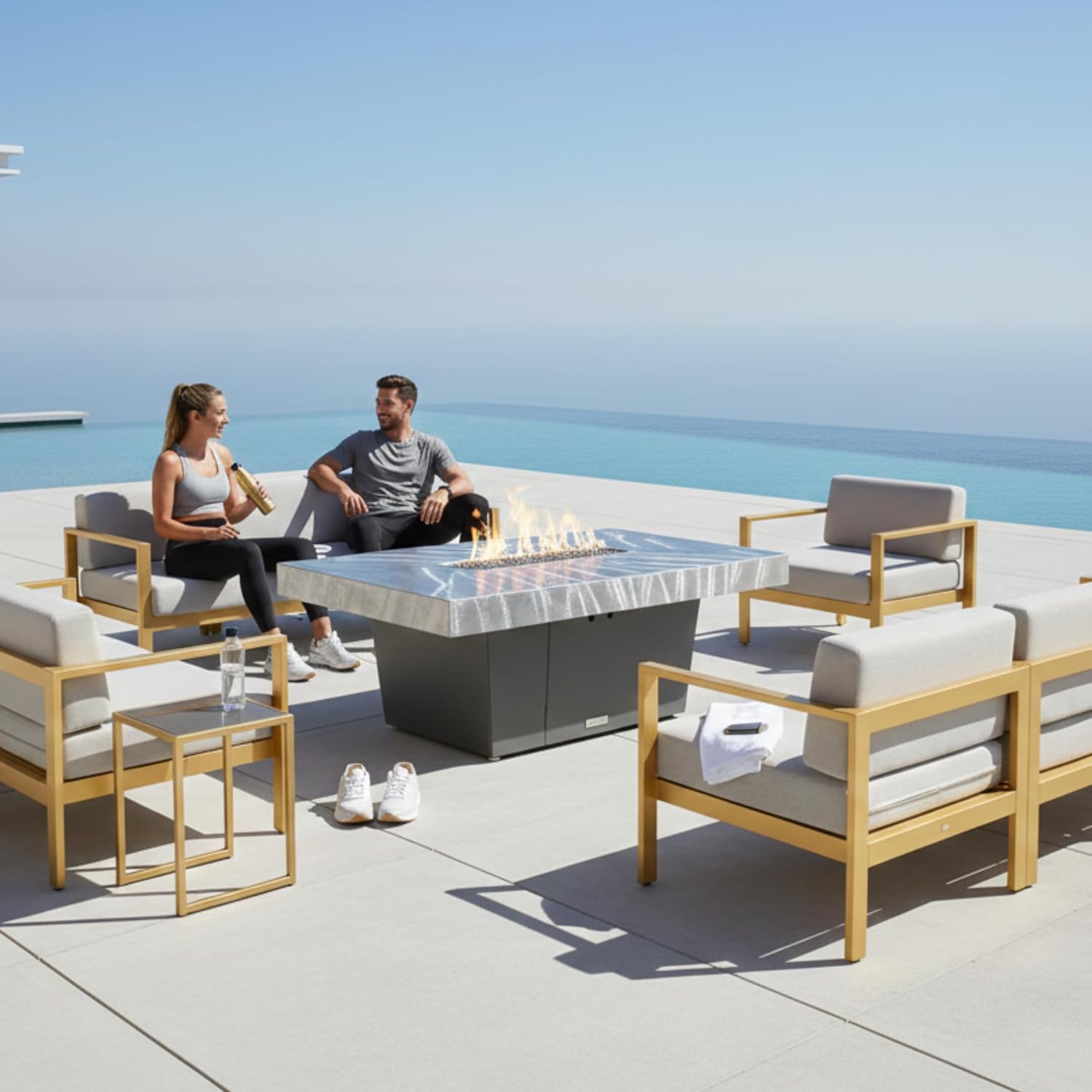 COOKE Palisades Rectangular Fire Pit Table - 52x36 - Chat Height - Propane - Brushed Aluminum Powdercoat Top with 6cm Edge - Grey Texture Powdercoat Base