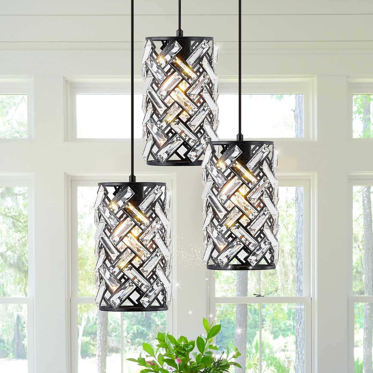 3 Lights Crystal Pendant Light Modern Black Mini Chandelier, Adjustable Cluster Pendant Light Fixture for Kitchen Island Dinning Room Bedroom Hallway Porch