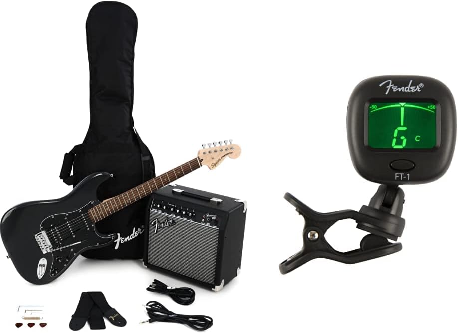Squier by Fender Affinity Series Stratocaster Pack, HSS, Laurel Fingerboard, Charcoal Frost Metallic & FT-1 Professional Clip-On Tuner