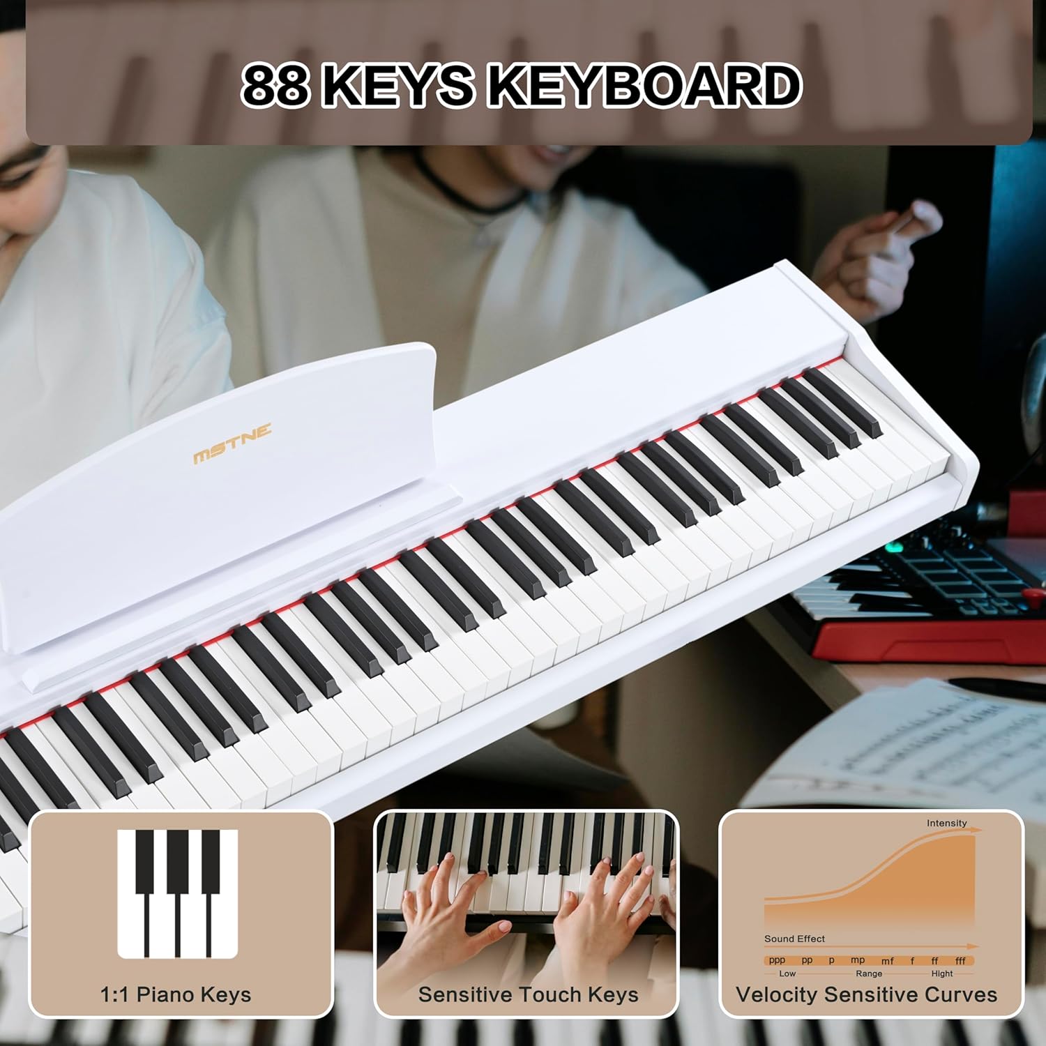 Digital Piano 88 Key Weighted with Piano Bench, 88 Key Full Size Semi Weighted Keyboard Piano, Electronic Piano for Beginner,with Adjustable Stand,Carrying Case,Sustain Pedal,Headphone (White)