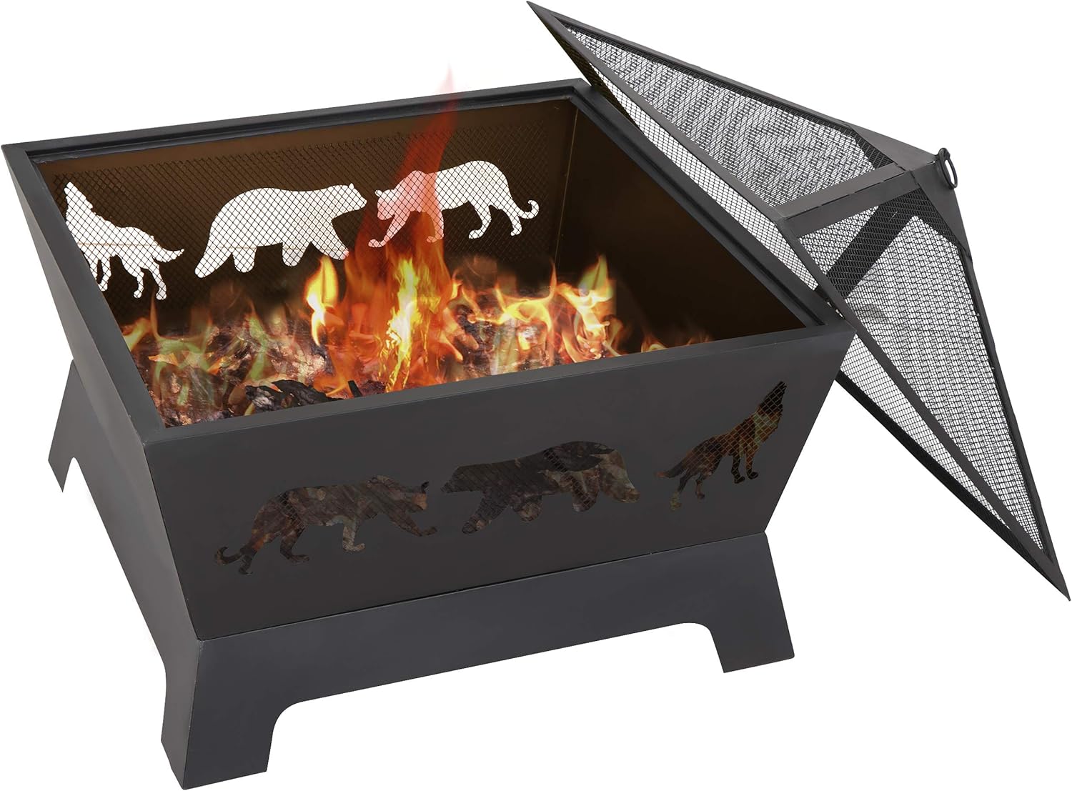 Nouva Wood Burning Fire Pit, Outdoor Metal Square Firepit Backyard Patio with Cover and Poker for Outside Yard Home Garden