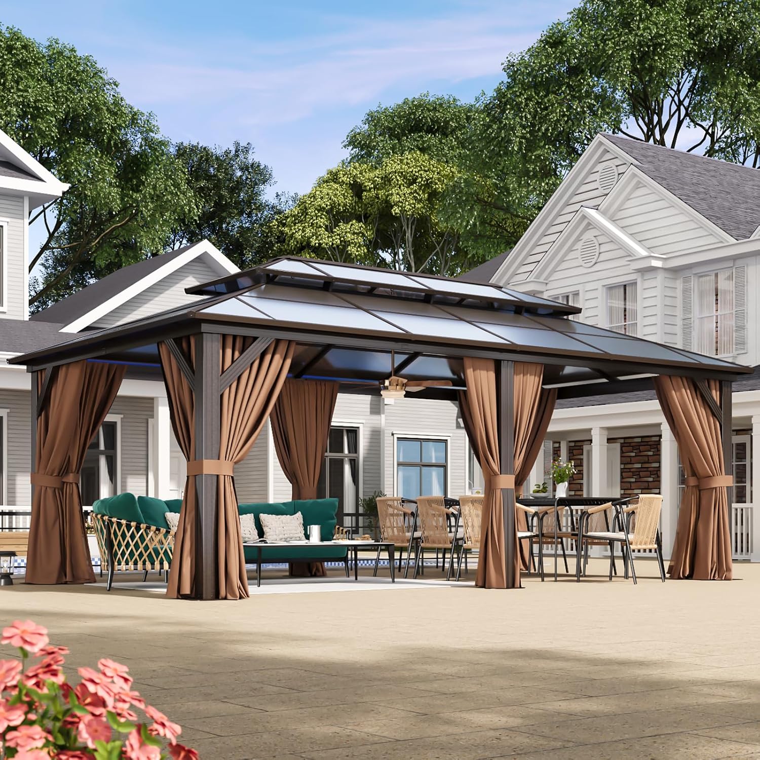 Aoxun 12'x20' Hardtop Gazebo, Aluminum Frame Permanent Pavilion with Netting and Curtains, Outdoor Polycarbonate Double Roof Canopy, Designed for Lawn, Garden, Patio (Khaki)