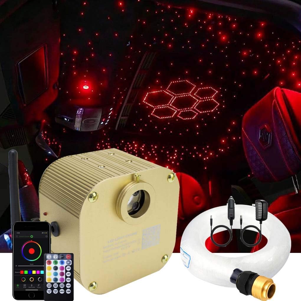 AZIMOM Bluetooth Control 16W Twinkle Fiber Optic Lights Star Ceiling Lighting Kits 450pcs0.03in 9.8ft Fiber Strands RGBW Music Mode Light Engine for Home Indoor Car Interior Decoration
