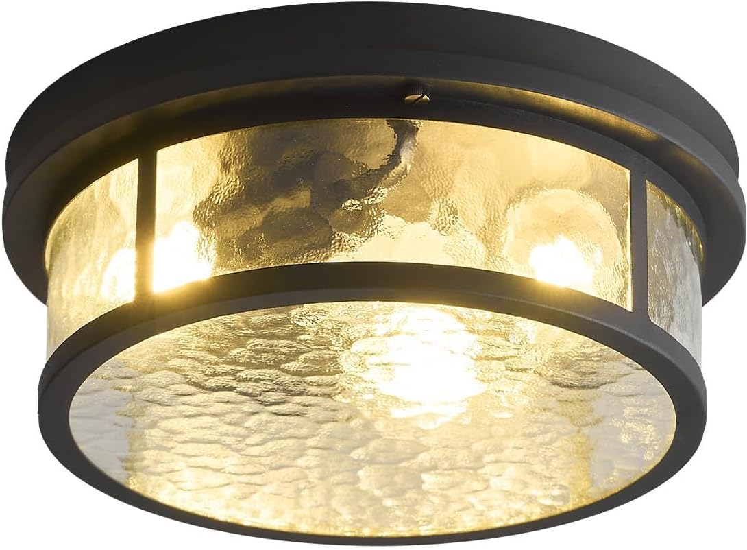 Adjustable Motion Sensor Flush Mount Ceiling Lights Fixture with Water Ripples Glass Shade,Round Matte Black Metal Modern Ceiling Lamp for Entryway,Hallway,Porch,Patio and Garage,12 inch,3-Light