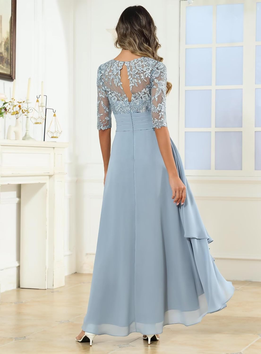 1/2 Sleeve Mother of The Bride Dresses for Women Lace Chiffon Sequin Ruched A Line Long Formal Evening Gown
