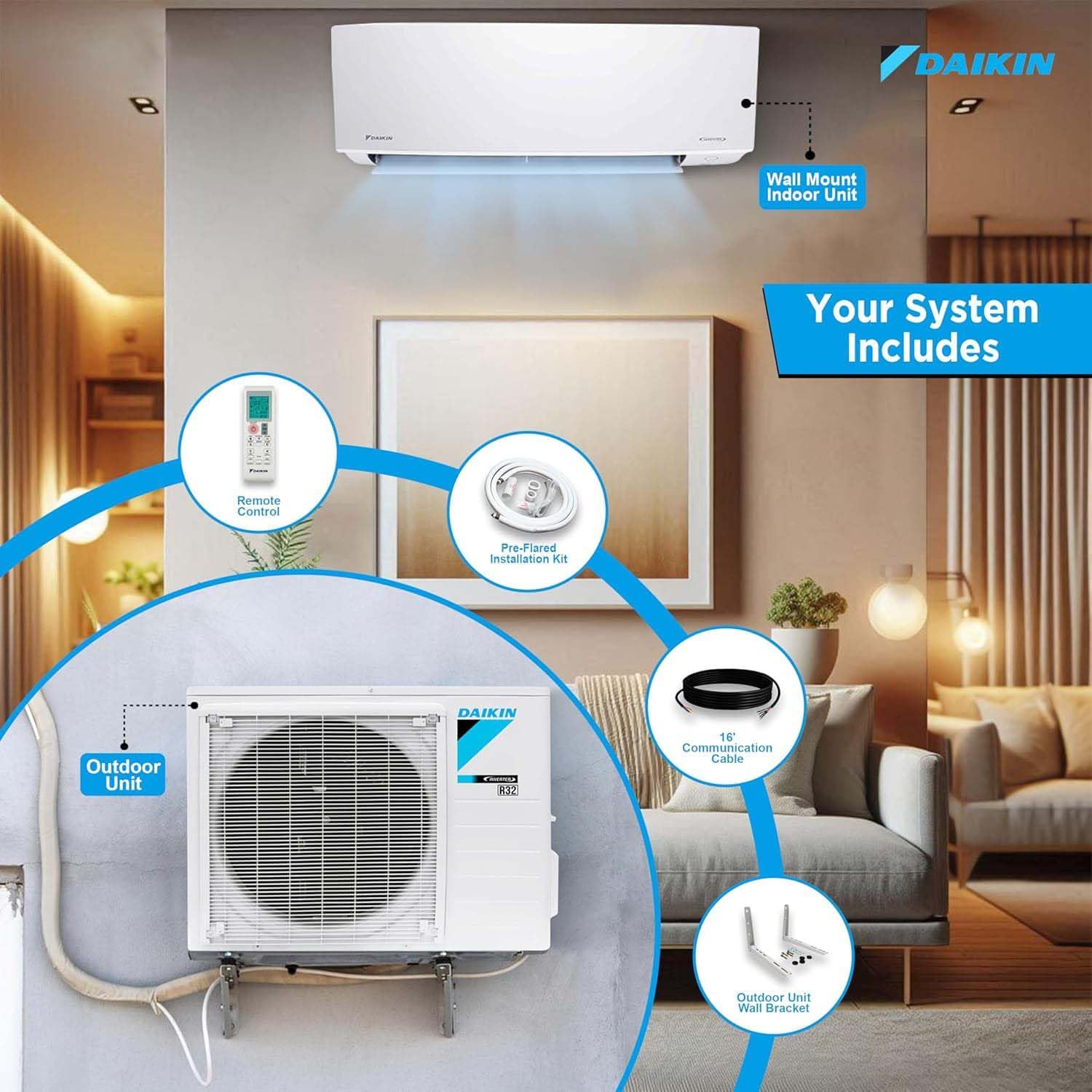 Daikin 9,000 Btu 21 SEER2 Oterra Series Ductless Mini-Split, Wall Mount Heat Pump Air Conditioner - R32 w/Installation Kit, 1/2 Whip, 30A Disconnect, and Wall Bracket