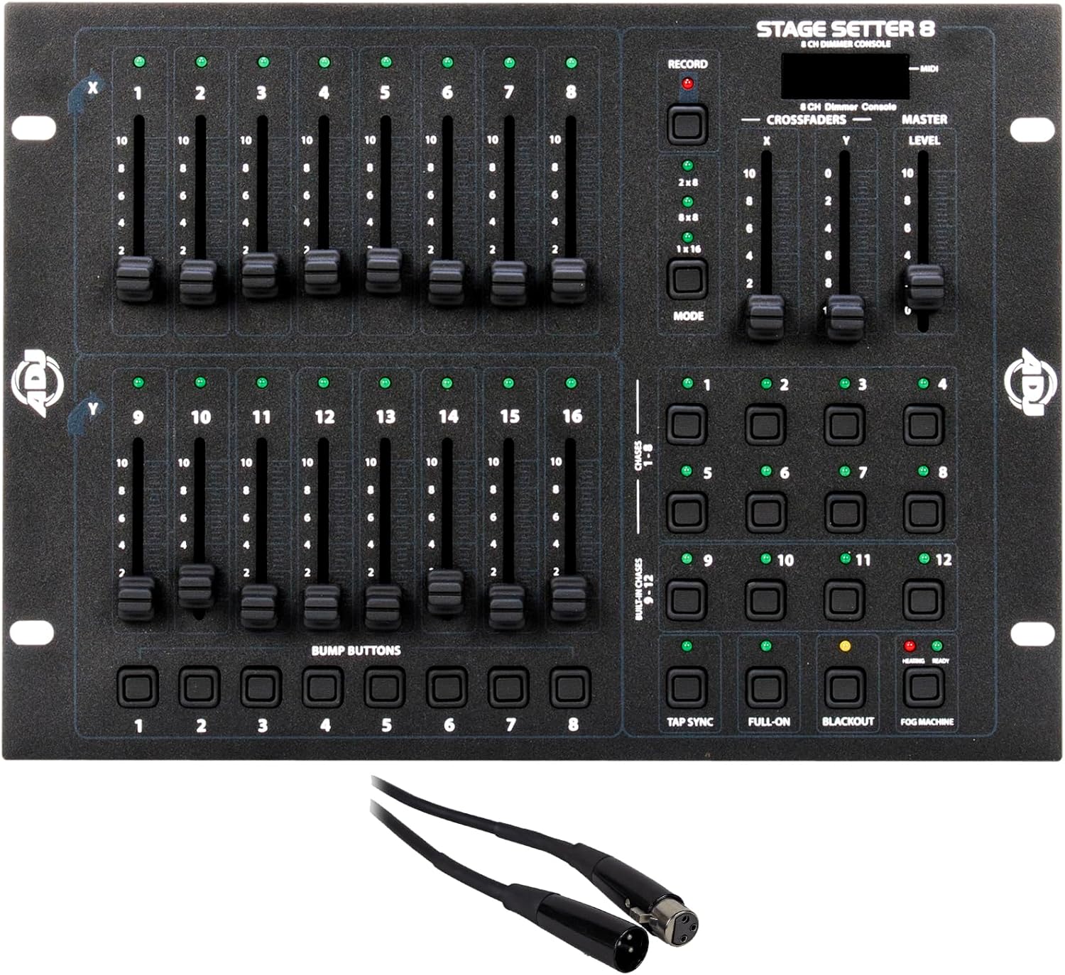 American DJ Lighting Control Bundle with STAGE SETTER 8 DMX Controller 16-Channel Par Can and Fog Machine Control with Programs MIDI Compatible, Rockville RDX3M25 25 ft OFC DMX Cable (2 Items)