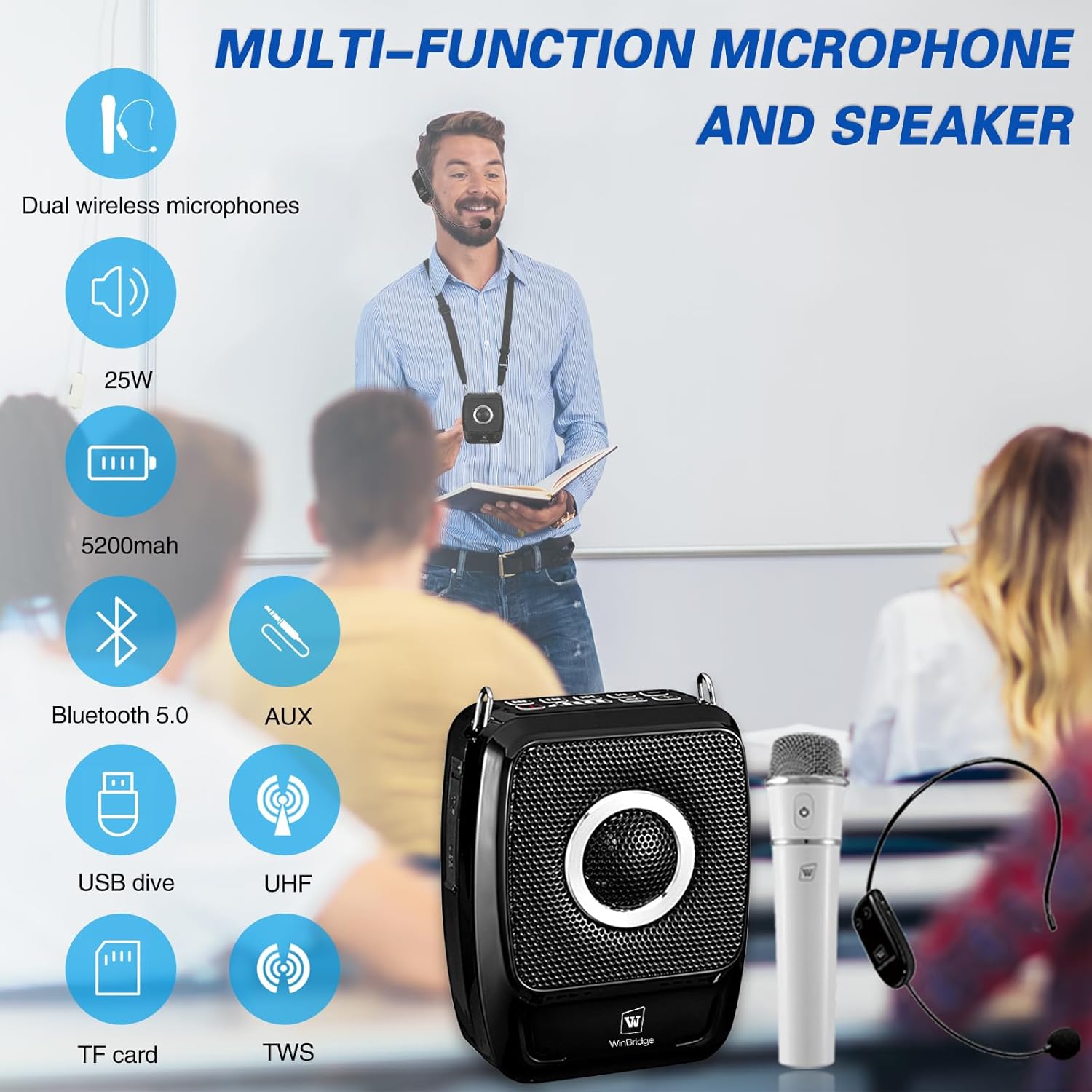 Voice Amplifier with Dual Professional Microphones Wireless-25W Portable Microphone and Speaker Pa System, Bluetooth Speaker with Microphone Megaphone for Teachers Outdoor Indoor ect