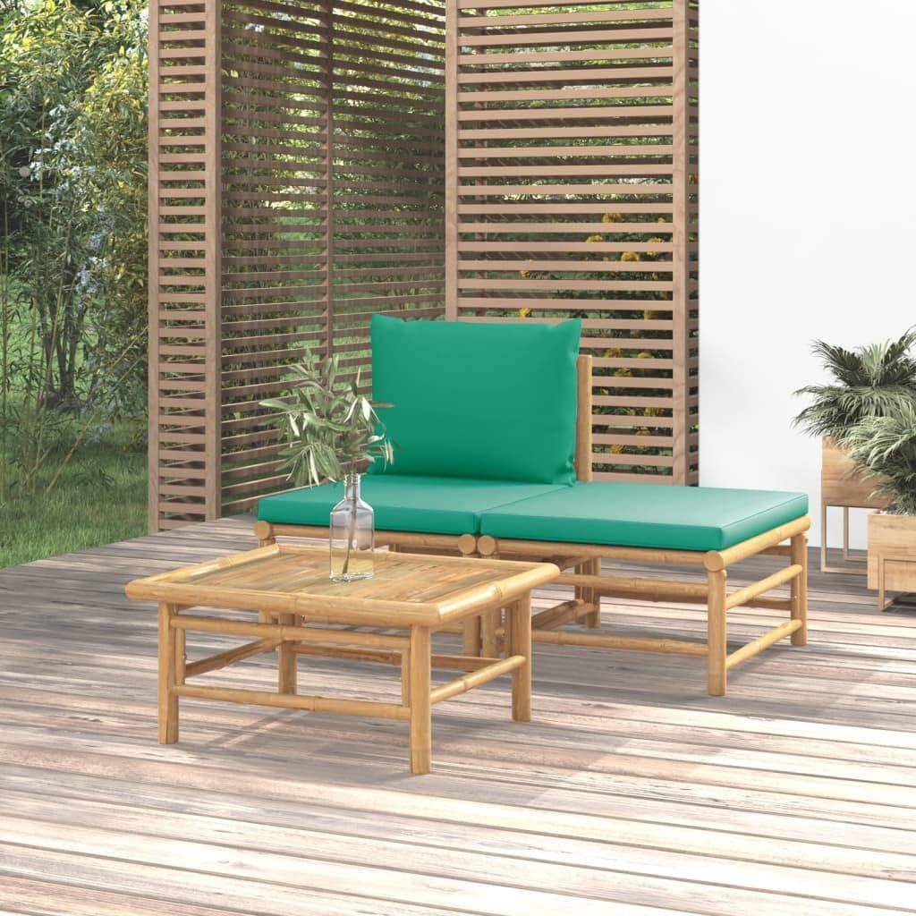 3 Piece Patio Lounge Set with Green Cushions Bamboo,Cozy Bamboo Patio Lounge Set: Relax in Style and Comfort Outdoor Furniture Sets, Sectional Sofa Units