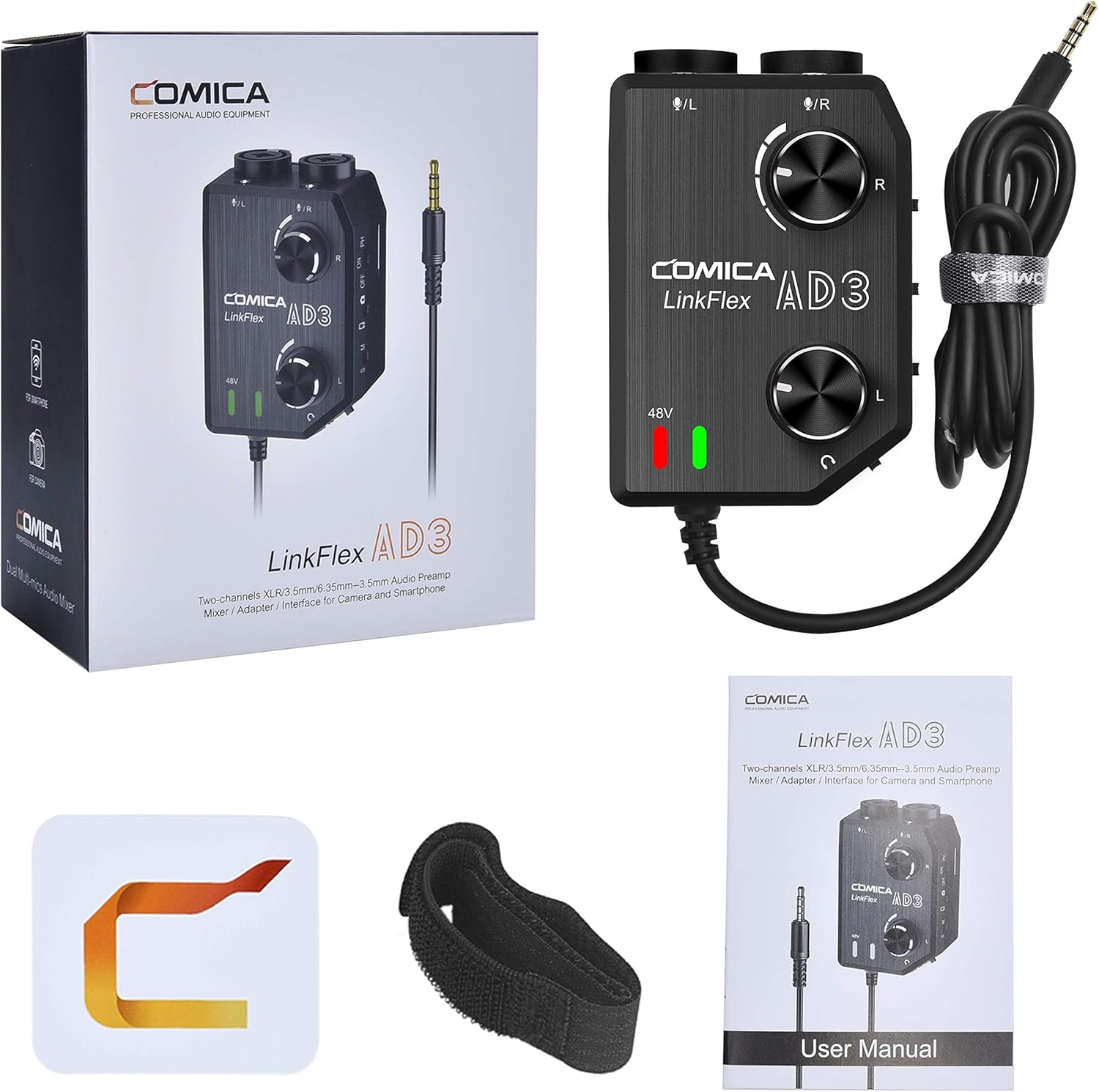 Comica LINKFLEX.AD3 2-Channel XLR/3.5mm/6.35mm Microphone Audio Mixer Preamp with Phantom Power, Real-time Monitoring, Guitar Audio Interface Microphone for DSLR Cameras Camcorders Smartphones Tablets