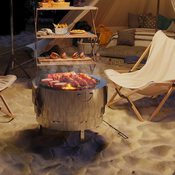 2-in-1 Stainless Steel Fire Pit Table with Grill, Portable Outdoor Fire Pit with Foldable Legs & Retractable Basin, Outdoor Heater Fire Bowl with Poker for Patio, Backyard, Camping, Silver Tone