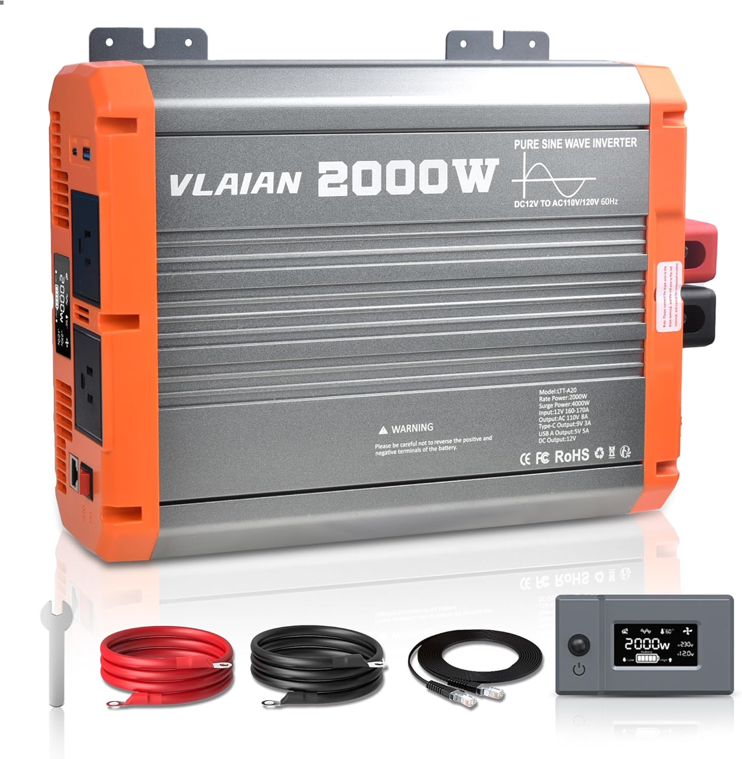2000W Pure Sine Wave Inverter,12V DC to 110V AC Power Inverter for Vehicles RV,Truck,Car,Solar Off-Grid Converter with 2 AC Outlet,27W Type-C,5V 3A USB-A,Hardwire Port，16ft Remote Controller