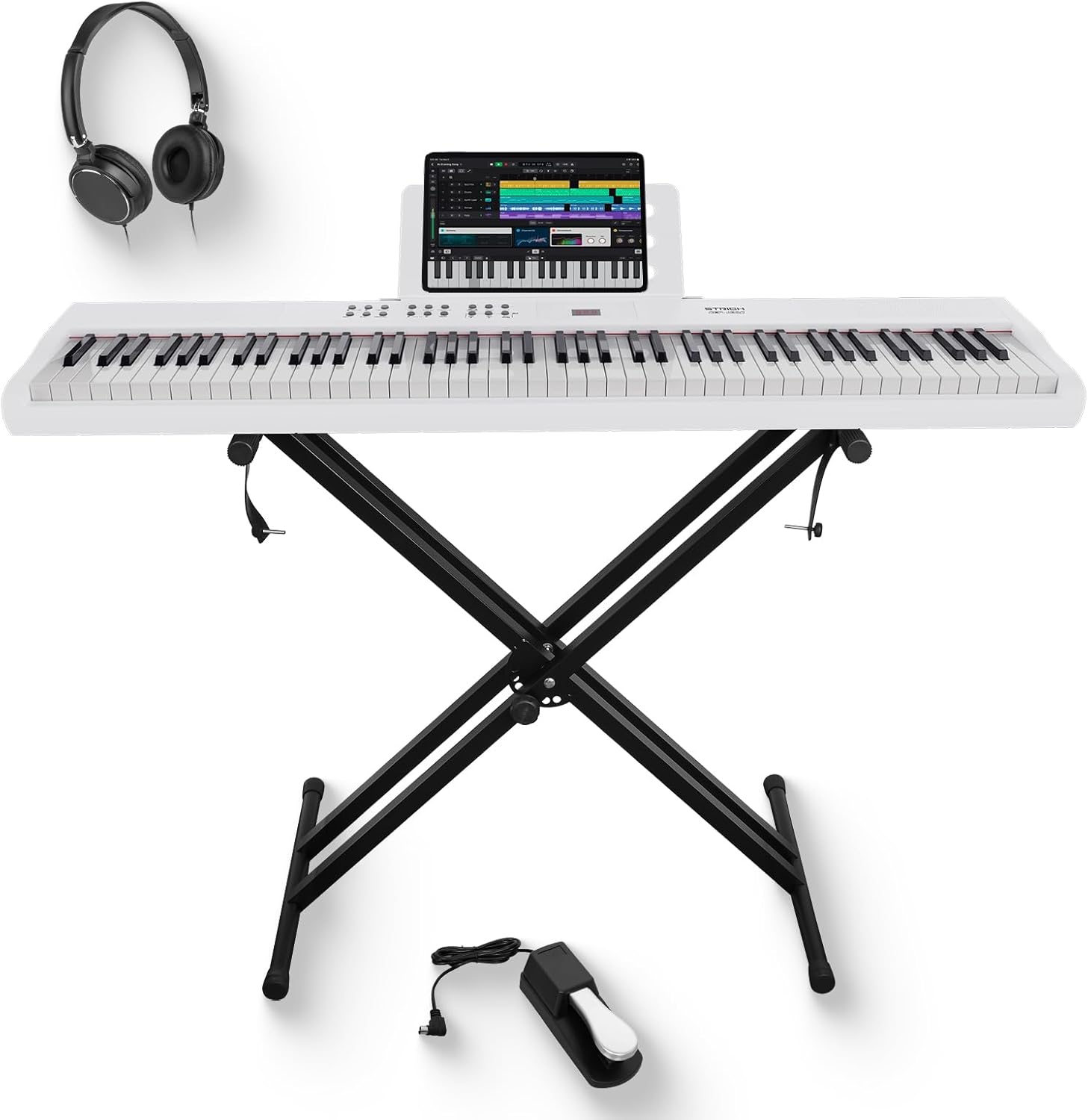 STRICH 88 Key Digital Piano Full Size Electric Keyboard with Stand, Semi-Weighted Sensitive Keys, Portable Electric Piano Set, Bundle with Sustain Pedal, Headphones, Music Rest, White, SEP-150S